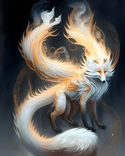 An elusive, ethereal spirit fox with nine tails, each representing a unique elemental power, revered as a magical and wise creature in Eastern folklore.