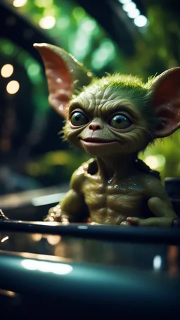 close up portrait of a gremlin model in a car shaped like a bucket in dark lit reflective wet jungle metallic hall dome hotel tunnel, in the style of a game,bokeh like f/0.8, tilt-shift lens 8k, high detail, smooth render, down-light, unreal engine, prize winning