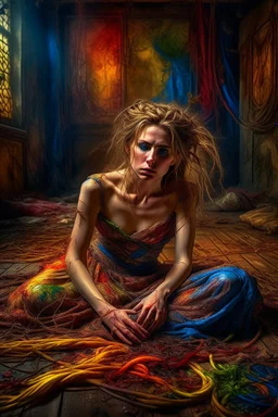 Bound and thrown to the floor, a woman exudes vulnerability in a fantastical setting. Her tattered gown clings to her bruised skin, hair tangled and wild. The scene is depicted in a stunning photo, showcasing intricate details and vivid colors. it captures the desperation and strength in her eyes, making the viewer feel the intensity of her situation. This masterful image blends beauty with turmoil, immersing the audience in a powerful narrative.