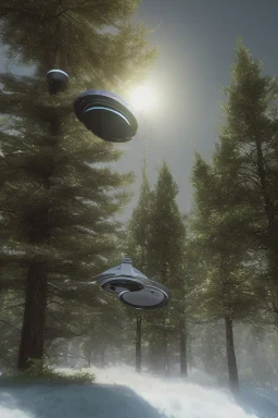 A photorealistic render of a ufo flying over school near pine trees as kids run up to it in wonder