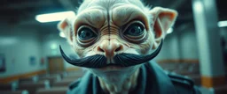 airbrush and pen outline, french art mustache , extreme close up on cheeky fluffy weasel goblin alien military prison guard news anchor elf family scumbag in the style of Escher and Giger and Fallout 4, pinhole cam, airbrush 3d rendering, on tv screen:A five-second cinematic single take in a clean industrial presentation hall.
