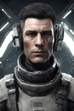 Scientist in Expedition suit, eve online style, no helmet, eyepiece on left eye, male