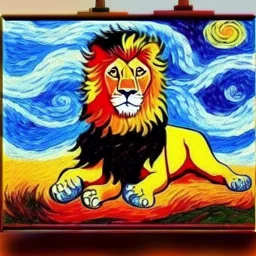 Dibujo al oleo de un león pintado con muchas nubes de colores estilo Vincent van Gogh