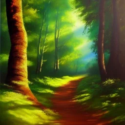 bob ross, deep forest painting, dappled sunlight, forest path