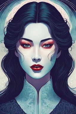 create an imaginative print illustration of an ethereal, otherworldly seductive ancient female Lasombra vampire , in the style of Hasui Kawase and Shiro Kasamatsu with highly detailed feminine facial features