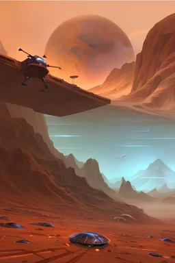 Planet Mars landscape with Giant insects attacking astronauts and their rocket ship