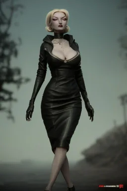 Mari Blanchard in a black leather gown, evil, femme fatale, villain, leather, busty, cleavage, angry, stern look. character design by cory loftis, fenghua zhong, ryohei hase, ismail inceoglu and ruan jia. unreal engine 5, artistic lighting, highly detailed, photorealistic, fantasy