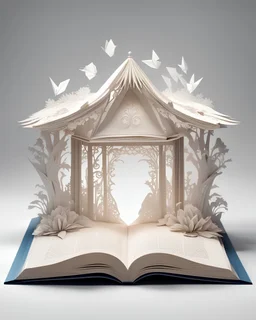 a beautifully ornated fairytale book open in half, from the center pages appears a pop-up origami gazebo; Papercraft, fairytale, children popup book, soft shadows, ambient occlusion, studio lighting, high quality studio advertising photography, 8k, white paper, white background, monochromatic