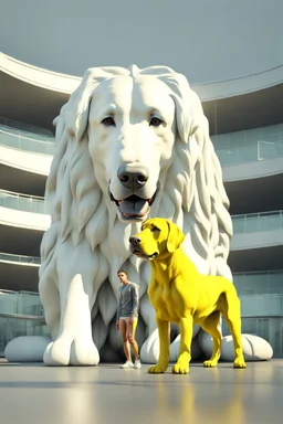 humans obey front of the huge yellow-white big dog, myistic atmhosphare. Realistic, render, 4k