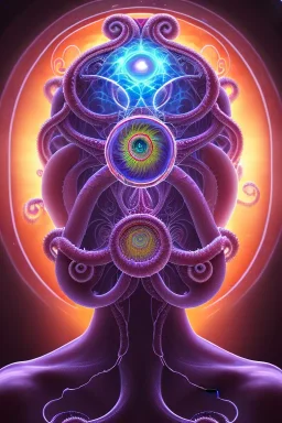 Spiritual being with Tentacles over human Head creating reality around, wrapping Spiral around people, Psychedelic