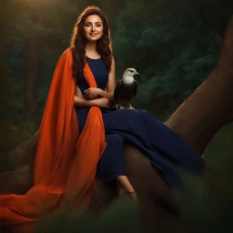 Hyper Realistic photographic-view of a Beautiful-Young-Happy-Pashto-Woman-smiling-with-a-bird-on-his-hand with navy-blue-dress-&-orange-shawl & breeze-whirling in a jungle-with-tall-trees & cloudy-sunset-&-sun-rays showing dramatic & cinematic ambiance