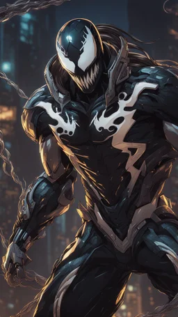 Venom mix with machine in solo leveling shadow artstyle, cyberpunk them, intricate details, highly detailed, high details, detailed portrait, masterpiece,ultra detailed,best quality