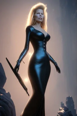 Kim Basinger in black leather gown, evil,energetic, villain, busty, cleavage, curvy, angry, happy, stern look. character design by cory loftis, fenghua zhong, ryohei hase, ismail inceoglu and ruan jia. unreal engine 5, artistic lighting, highly detailed, photorealistic, fantasy