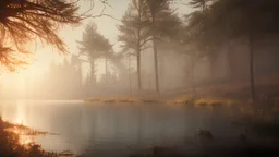 lake in a burning forest, sky View realistic, cyberpunk modern photorealistic, in the style of , Deviant art, sunlight, post-processing intricate details Octane elegant Unreal Engine cinematic fine details reflections