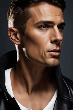 portrait of a 35 year old man very handsome with a sharp Jawline. lightly tanned skin. DARK BROWN hair cut short, clean shaven