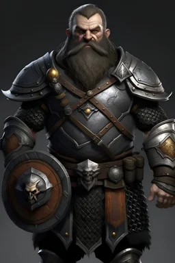 grey skin, bold, with beard, with armor, shield and axe, beer-belly