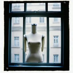 polaroid of a grunge display mannequin behind a window
