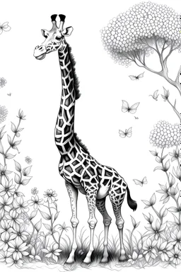 outline art with pencil sketch art for { A playful giraffe playfully swatting at bees buzzing around a vibrant acacia tree, the savanna stretching out under a sun }with floral background pencil sketch style,full body only use outline with black and white outline and make a floral backgound with black and white background