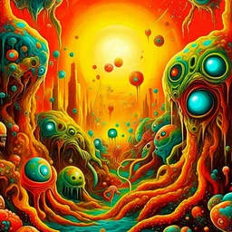 a high definition screen shot of a ancient comic book cover detailing the creatures found on other worlds, retrofuturistic, phototrealism, Macabre Rapture End of days Revelation scene, isanely detailed matte oil painting, sinner apotheosis,diagonal composition, unbalanced, abstract surreal horror, eerie, scary warm a colorful splash of steampunk bubbles , amazing splashscreen artwork, photoshop water art, liquid painting, swirling paint colors, ink splash, physics splashes of colors, colorful sw