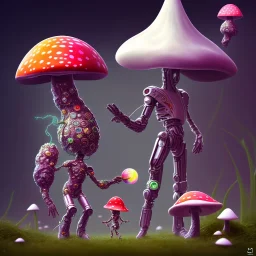 psychedelic mushrooms and tiny cyborg human with a casquet