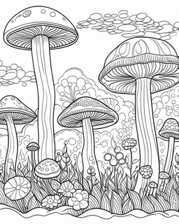 coloring page of mushroom world landscape, use clean lines and leave plenty of white space for coloring, simple line art, clean and minimalistic line