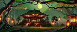 view a library in forest with fireflies and orange mystic lights around trees that have wide leaves and broad trunked. Night with moon light.