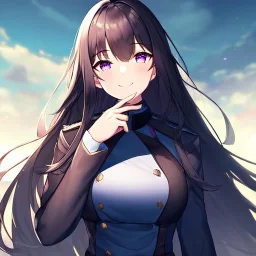 Clear focus,High resolution,High quality, Wearing a Soldier uniform, Black long straight hair, Purple sparkling eyes, Hand on mouth, Smiling
