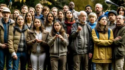 A large group of people of different ages, races and genders and with different clothes and poses, and with different moods, attitudes and gestures, pose nervously for a group portrait, their gaze is in some of them serious and inquisitive as if they were examining the portraitist, and in others it is distracted by looking at a bird that flies nearby, The group occupies the entire frame and does not allow the background to be seen