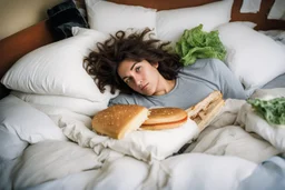 Subject & Action: A close-up, fisheye perspective, raw 35mm film photograph captures a user lying back against several soft, disheveled pillows in a messy bed. The viewer (implied POV) is holding a large, handmade, multi-layered sandwich (crusty sourdough, turkey, melting cheese, lettuce, tomato) slightly tilted, poised for a bite. Environment & Setting: The background is dominated by a vintage, oversized television set on a low stand at the foot of the bed. The screen is the primary light sour
