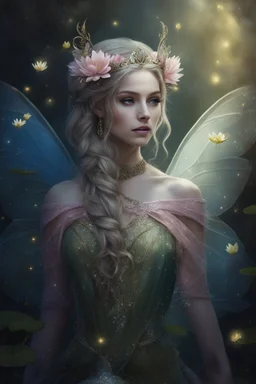 Pink dress,Sparkling fairy wings,Very long golden hair,Fairy crown,pointed ears,elven ears,fairy wings,water lilies,sparkling,glittering,flowers,blossoms,golden crown,light pink dress