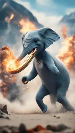 flipper movie poster, close up danger expression, mountains playing saxophone elephant, dolphin police stunt man explosion and fall, smoke and blitz, bokeh like f/0.8, tilt-shift lens 8k, high detail, smooth render, down-light, unreal engine, prize winning