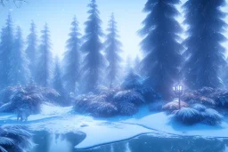 Forest ice palms twigs winter, bridge birds,live house, bear, deer, unreal engine