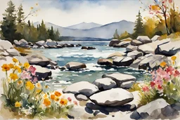 Sunny day, spring, flowers, rocks, mountains, epic, winslow homer watercolor paintings