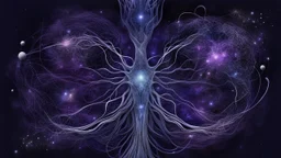 abstract 2d digital art graphic and ink montage,. Deep dark purple background with pale neural network and galaxy background, human nervous system with fade little lights , white-dark blue-pale gray and black colors, Clean composition with strange surreal vibe, emotional, abstractions, neurodivergens soul and mind, cinematic, thriller, human dark shilouette floatings