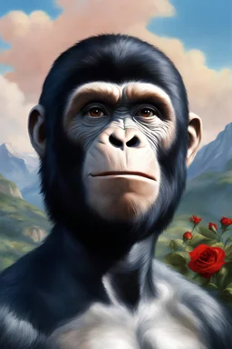 Planet of the Apes - black hair, Deep Blue Eyes - head and shoulders portrait - Smiling - Lenna, part chimpanzee, part human, short, bowl-cut, straight black hair, the bangs cut straight across the forehead, she resembles a Zira from the Planet of the Apes, and she resembles Spock - Mountains, blue skies, clouds, red roses, blue roses, yellow roses, honeysuckle roses, carnations, lilacs, oil painting by Frank Frazetta