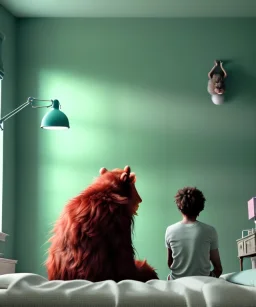 Realistic bedroom scene. big furry monster sitting next to girl from behind. Wes Anderson style. Red hair, smile, happy, gradient color fog. highly detailed, concept art, unreal engine 5, ray tracing, RTX, lumen lighting, ultra detail, volumetric lighting, 3d, finely drawn, high definition, high resolution.