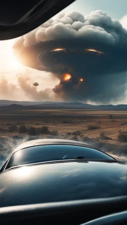 The image shows a photograph with a science fiction theme. Reflected in a side-view mirror, we see a car with passengers, driving on a desolate road. In the background, a large UFO hovers in the sky while multiple explosions erupt in the distance, sending up clouds of smoke and fire. The mirror's border frames this chaotic scene, juxtaposing a calm, seemingly oblivious drive with the dramatic events unfolding behind.