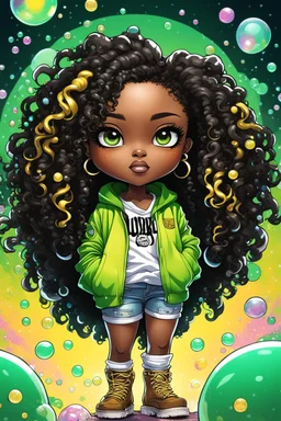 Create an colorful psychedelic comic book illustration of a chibi cartoon black female thick curvy wearing a cut of green, yellow and white hoodie and white jeans and timberland boots. Prominent make up with long lashes and hazel eyes. Highly detailed shiny sister locs. Background of a large bubbles all around her