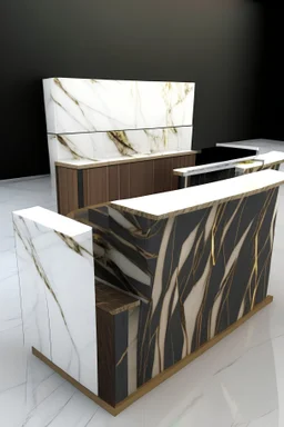Rectangular counter furniture for reception 1.60m wide, 1.10m high and 0.8m deep, with marble slab kallistone, exterior plated with nacar color wood paneling. Inside it should have a space for two video surveillance screens , two telephones, paper storage, drawer, electric kettle and cups