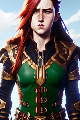 hyper realist, hyper detailed, stunningly beautiful 13 year old teen girl, long ginger hair, green eyes, medium freckles, full lips, revealing leather armour, full body and head, a-cup breasts, stern expression, full frame, petite, ignore NSFW