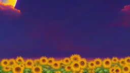 stylized, purple sky full of stars, sunflower field