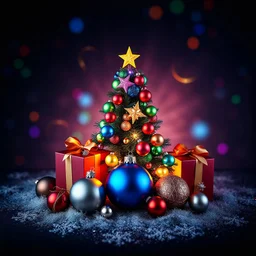 Create multicoloured Christmas tree gifts and balls and dark multicoloured snowflake background