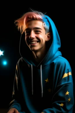 An androgynous young man with tousled pink hair and golden eyes floating among the stars wearing a light blue hoodie and black board shorts. He is smiling softly and holding a star in one hand.