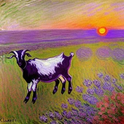 Goat faces with lavender flowers and milk sunset bright colors by Claude Monet