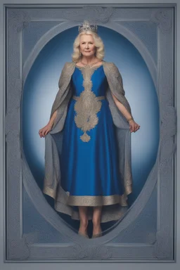 Powerful classical portrait of a traditional blonde queen in her late 50s wearing a blue dress standing in a powerful position a little zoomed out