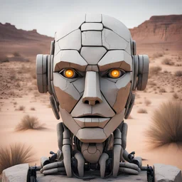 a robot face, made of stone, cold desert background