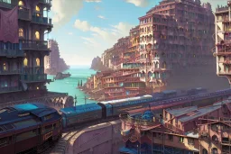 close up train+Elevated train+riomaggiore corner building+Italian colourful sea village +alphonse mucha, greg rutkowski,matte painting, cryengine, hyper detailed, felix kelly, fantasy art, seb mckinnon