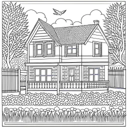 GARDEN HOUSE, realistic, coloring page, only draw lines, coloring book, clean line art, wildlife-inspired, kid style, –no sketch, color, –ar 3:4, white background, minimalistic black lines, 8k, minimal black color, low level black colors, coloring page, use pure black and white colors, avoid thick black colors, thin black line art, avoid colors, perfect shape, perfect clear lines, clear edges, fill total edges, exact perfect edges, not use black colors, dont use black colors