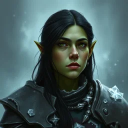 A digital illustration shoot from a portrait camera angle about a portrait of a young orc woman with dull green skin. In the middle of the image, a 20 years old orcish woman, appears to be looking at the viewer lost in thought. she has long black hair and is wearing armour. Fantasy, ice, magic, vampire