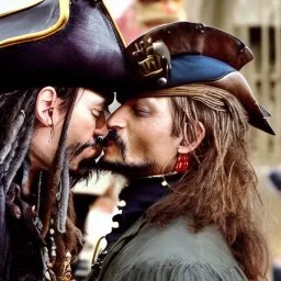 Johnny Depp kissing blackbeard the pirate